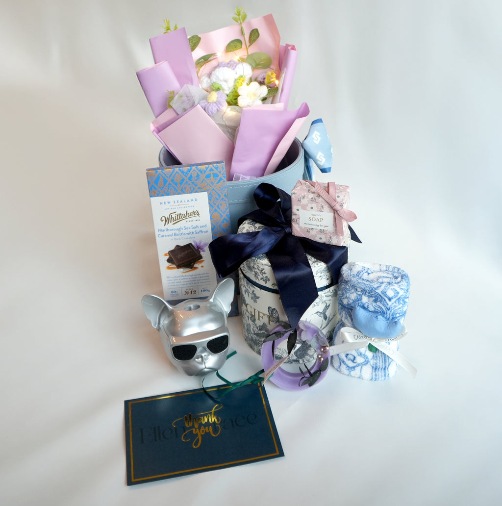 Bundle of joy in leather blue basket